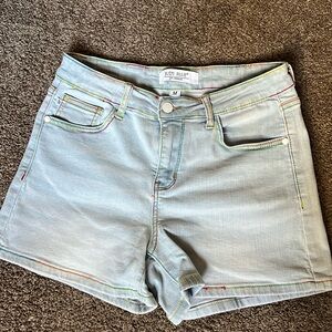 Judy Blue - Light Blue RAINBOW THREAD MID RISE SHORTS - Medium